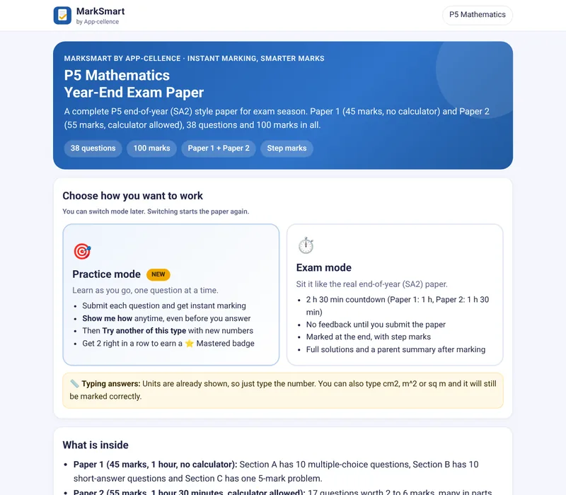 The start screen of the MarkSmart P5 Mathematics Year-End Exam Paper, offering Practice mode and Exam mode.