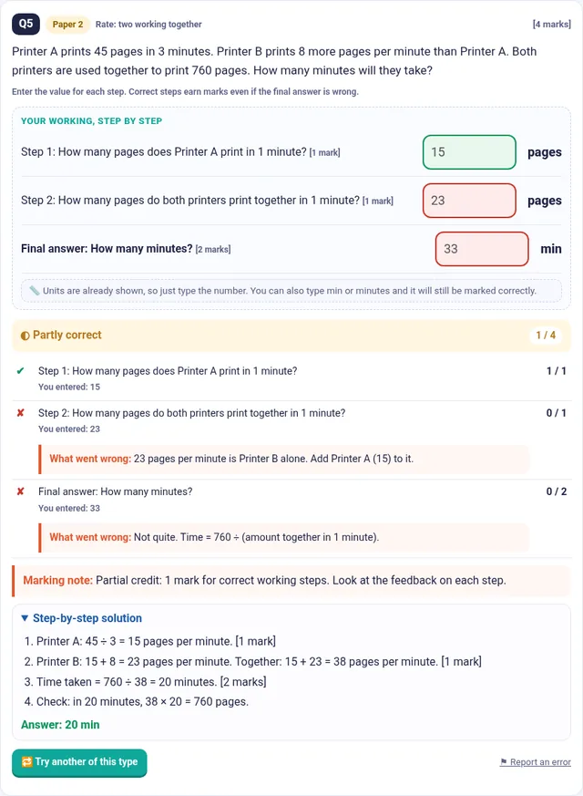 A MarkSmart question showing step-by-step marking: step 1 marked correct, steps 2 and 3 marked wrong with a note on what went wrong, followed by the worked solution.